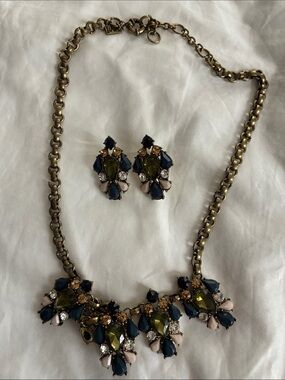 ViVl Statement Bib Necklace & Earrings Set in Olive, Navy & Pink